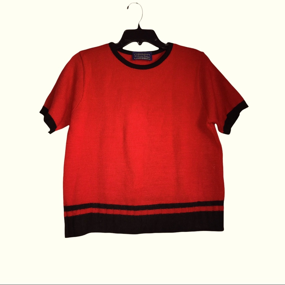 Willow Ridge Red Black Trim Knit Short Sleeve Sweater Top Size M Classic